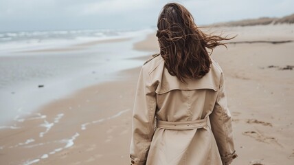 A woman in a beige trench coat walks alone along a windy, overcast beach. Her hair blows in the breeze as she faces the sea, evoking solitude, reflection, and autumn coastal moods.