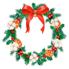 Festive Watercolor Christmas Wreath with Berries, Cotton and Dried Oranges