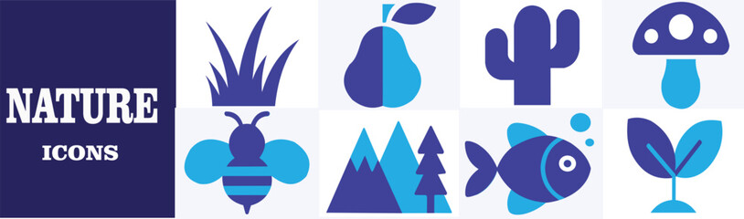 Nature Icons Flat Vector Grid Set