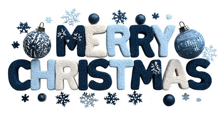 Festive Merry Christmas design with 3D shiny letters, ornaments, and snowflake accents isolated on white background