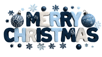 Festive Merry Christmas design with 3D shiny letters, ornaments, and snowflake accents isolated on white background