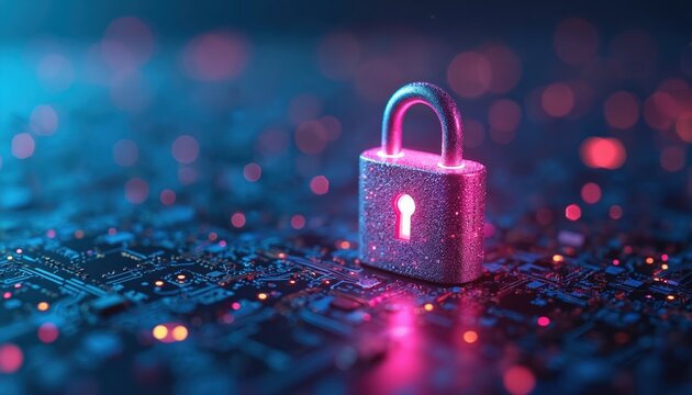 Digital padlock symbolizes data protection and cybersecurity. Glowing lock on circuit board with abstract lights. High tech, secure network and privacy concept.