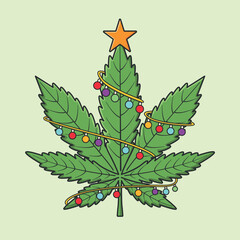 Cannabis leaf decorated as a christmas tree with lights and star