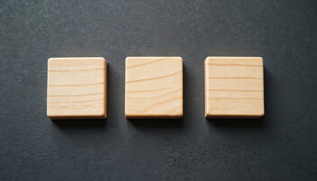 Three blank wooden tiles arranged in a row on a dark textured surface. These pieces are perfect for word games or custom designs, offering a space for creativity and imagination.