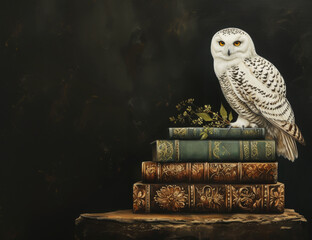 Fototapeta premium White Owl Sitting on Old Books Background with Copy Space