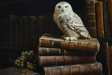 White Owl Sitting on Old Books Background with Copy Space