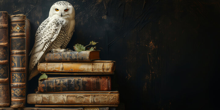 White Owl Sitting on Old Books Background with Copy Space