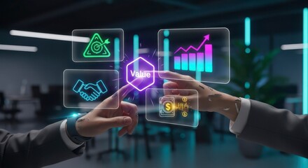 Business people touching value icons on virtual interface