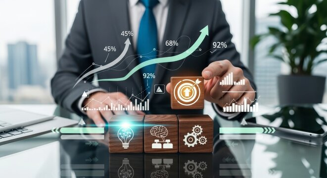 Businessman with wooden cube and business growth graph - Powered by Adobe