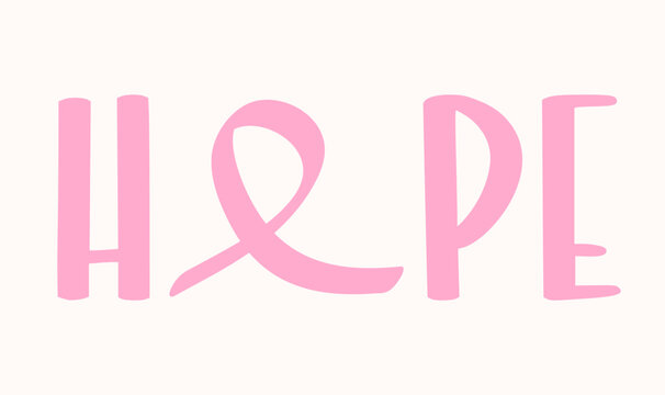 Pink “HOPE” typography with ribbon symbol. Minimalist breast cancer awareness design for prevention, support, medical campaigns, healthcare posters, and inspirational projects.