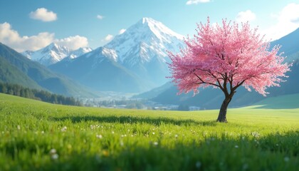 Solitary pink cherry blossom tree blooms in vibrant green meadow field. Majestic snow-capped mountains rise under clear blue sky. Bright sun illuminates peaceful spring nature landscape, showing