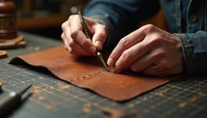 Artisan sews leather with hand tool in workshop. Craft worker creates unique product with precise actions. Leatherwork, skill, craft are visible. Leather business owner working hard.