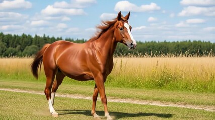 A chestnut horse stands alert in a golden field Sunlight streams through a partly cloudy sky Green trees line the horizon creating a peaceful vista - Powered by Adobe