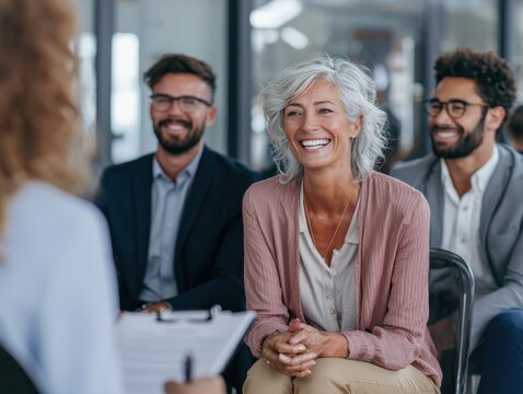 Friendly recruitment hr manager interviewing young woman, holding cv listening to candidate at corporate group meeting or job interview. Happy business people team working together in office boardroom