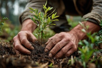 Hand Planting Seedling in an Organic Garden During Early Morning Light Generative AI