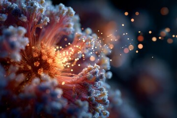 Macro View of Viral Capsid Opening and Releasing Luminous Particles in a Dynamic Process Generative AI