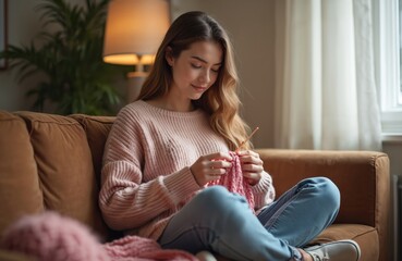 Young woman sits on a sofa and knits at home. Female relaxes with knitting needles in comfortable position on couch in living room. Happy adult caucasian person enjoys hobby in cozy atmosphere.