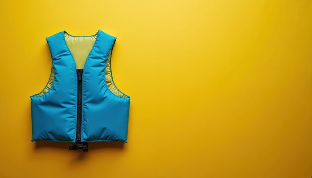 Blue life vest with yellow trim and zipper on bright yellow background. Safety equipment for water sports, swimming, boating activities. Useful for kid safety.
