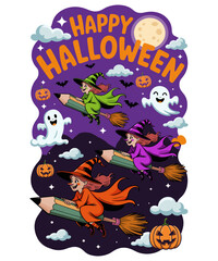 Happy Halloween Witches Flying on Pencil Brooms Cute Vector Illustration