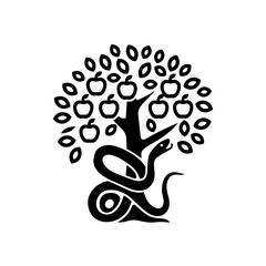 Fruit tree with snake and apples silhouette on a transparent background