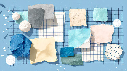 Torn paper pieces set with blue graph grid vintage texture, back to school, stationery paper cut outs, doodles. Trendy elements for collage. Modern retro vector illustration for mixed media design 