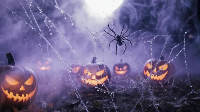 Spooky halloween pumpkins with spider in a misty forest night