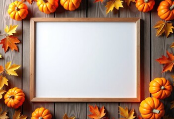 White frame surrounded by pumpkins and autumn leaves on a rustic wooden background with ample copy space, ideal for seasonal advertising, invitations, festive banners, marketing, design projects, apps