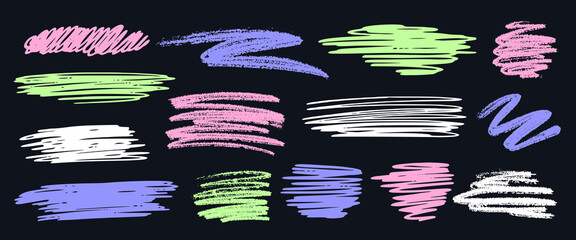 Grunge set of brush strokes in scratching style. Hand drawn charcoal doodle, collage elements. Neon colored marker pen design shapes. Pencil sribbles, squiggles are isolated on black backdrop.