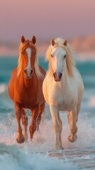 Horses run through shallow ocean water at sunset creating splashes with their hooves