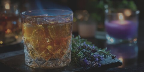 Elegant cocktail with ice served on a dark slate with lavender and candlelight ambiance at an evening gathering - Low Contrast