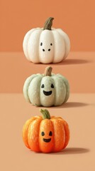 Decorative pumpkins with cheerful faces in playful colors displayed against a warm orange background in autumn