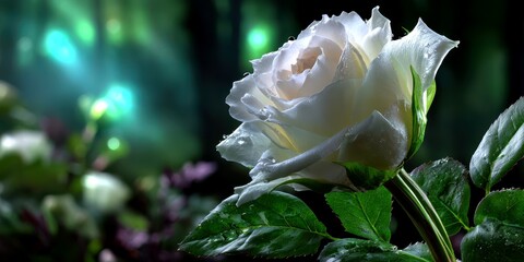 Captivating close-up of a rose with dew glistening under soft in a serene garden setting