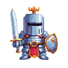 8-bit pixel art isolated PNG of a knight in silver armor with sword and shield, medieval hero sprite for retro games, isolated on white background