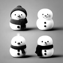 Snowmen in winter attire display cheerful expressions against a soft background during the holiday season