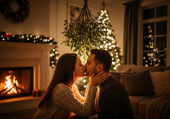 Romantic couple kissing under the mistletoe in a cozy home on Christmas Eve, celebrating the holiday season with love and happiness