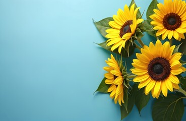 Obraz premium Four bright yellow sunflowers with green leaves arranged on solid light blue background. Overhead view offers ample copy space for text design elements, perfect for summer themes botanical art.