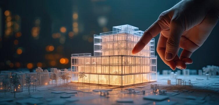 Digital architectural model shows building design. Hand points to structure outline. Futuristic tech visualizes construction plans. Project planning and development.