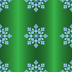 Stylish seamless pattern with blue snowflakes and glowing stars on a green background, perfect for Christmas wrapping, cards, and festive decor.