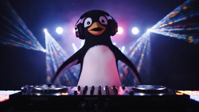 Penguin DJ with headphones playing music at a nightclub party. Funny animal and music concept.