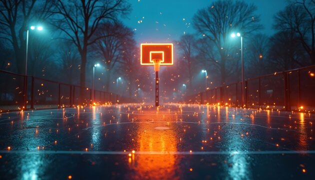Neon basketball hoop glows on wet court at night. Fiery sparks float in misty air near trees and streetlights. Urban sport arena with energetic atmosphere.