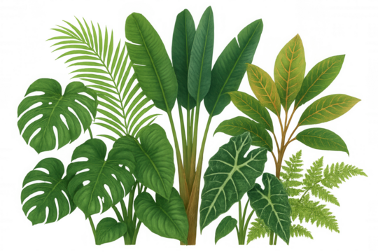 Tropical green foliage illustration featuring monstera, palm, banana leaves and fern with transparent background - Powered by Adobe