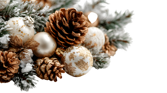 Classic Merry Christmas decorative background with pine cones, frosted branches, and shiny ornaments isolated on white background