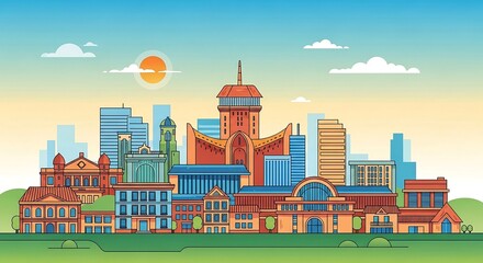 Obraz premium city skyline illustration a colorful urban landscape featuring diverse architecture under a bright sky ideal for tourism promotions and urban development themes.