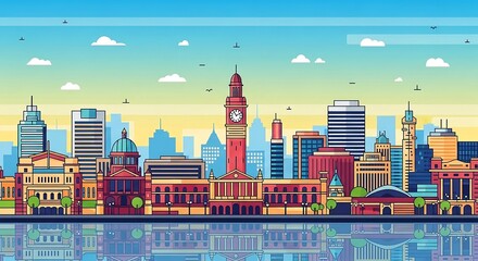 Obraz premium City skyline illustration reflecting urban life a vibrant cityscape against a gradient sky perfect for travel blogs architectural portfolios and website headers