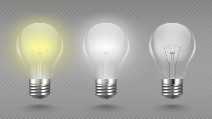 Realistic light bulb with glow effect and turned off electric lamp. Symbol of energy, inspiration, innovation. Vector illustration