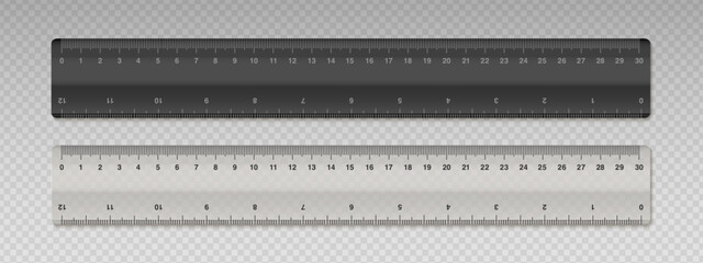 Obraz premium Set of realistic rulers 30 cm length. Plastic black and transparent ruler. School supplies and equipment. Measuring tool with double side scale. Vector illustration