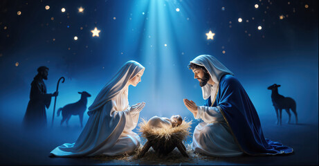 Christmas figurine made of porcelain Nativity Scene with Mary, Joseph and Baby Jesus in Manger Under Starry Night Sky