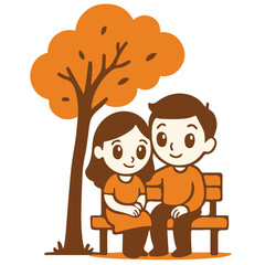 Vector illustration of couple sitting on bench in park with autumn tree