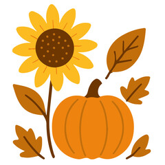 Vector illustration of pumpkin with leaves and sunflower