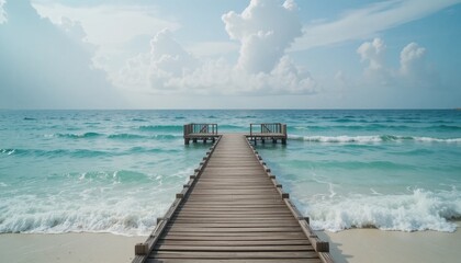 Fototapeta premium Scenic Wooden Pier Extending Into Calm Turquoise Waters Under a Beautiful Sky